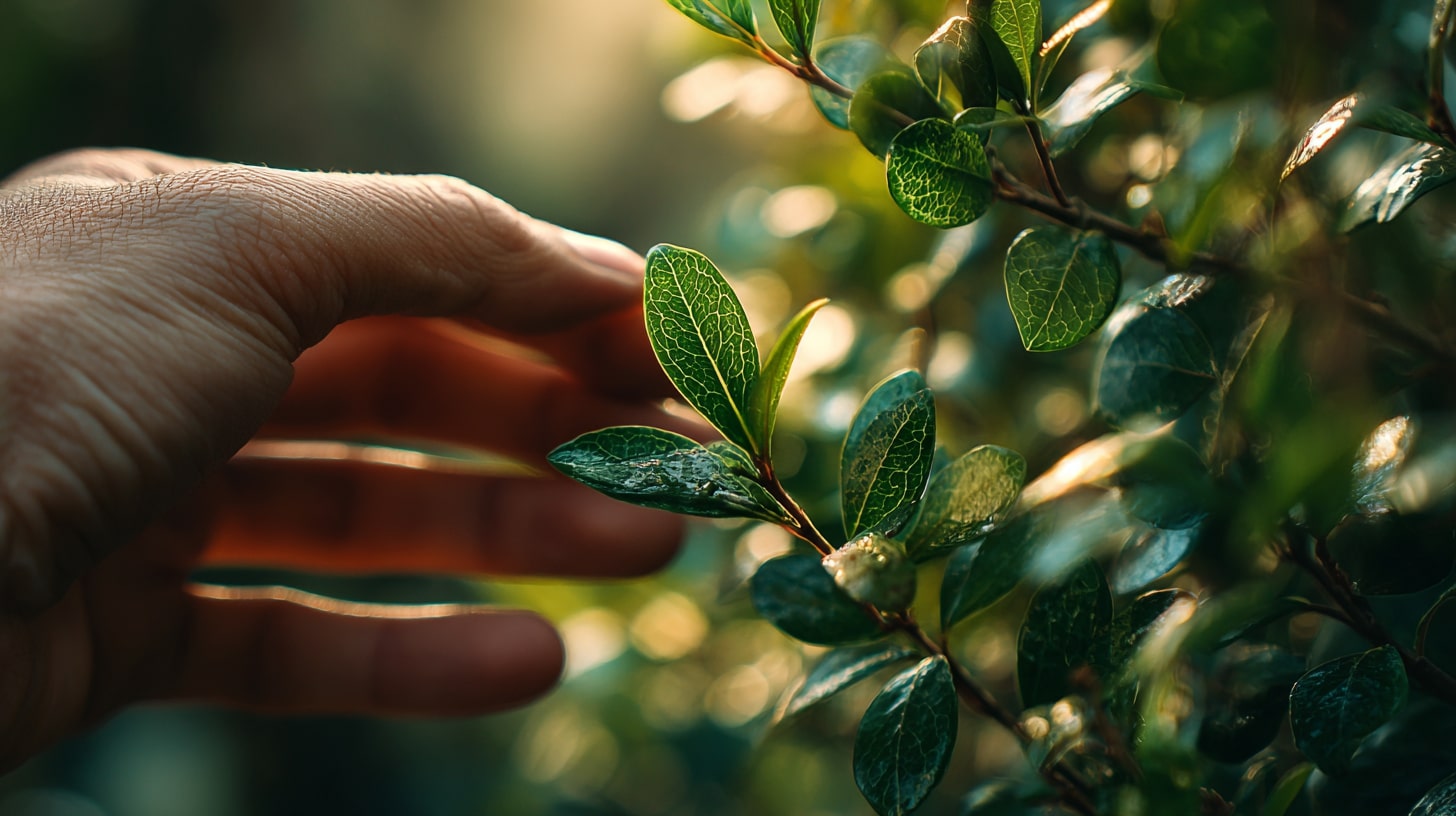 Main observant les détails d’une plante pour illustrer la compréhension du vivant et des phénomènes naturels.
