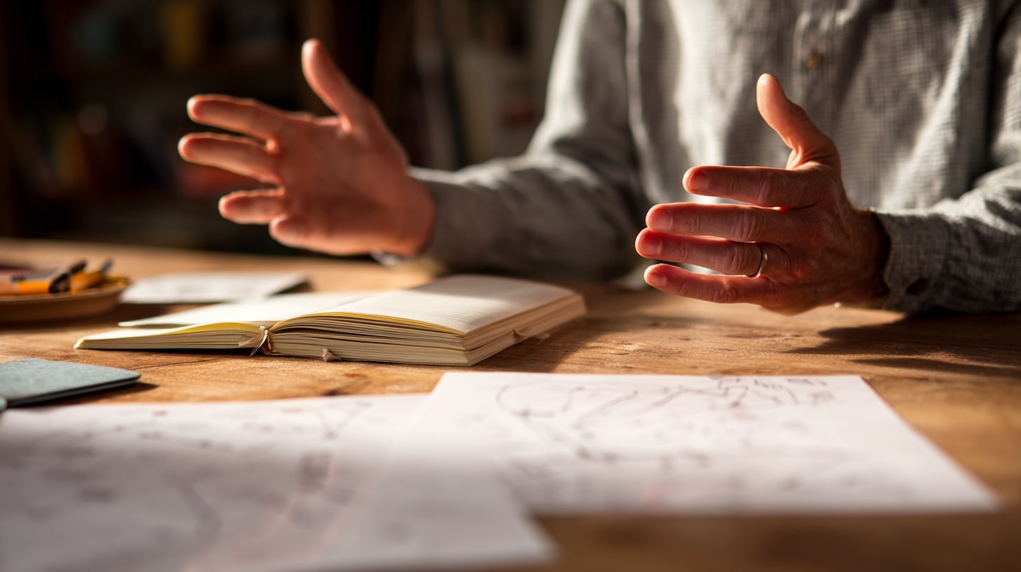 Personne expliquant un concept scientifique de manière simple et pédagogique autour d’une table.