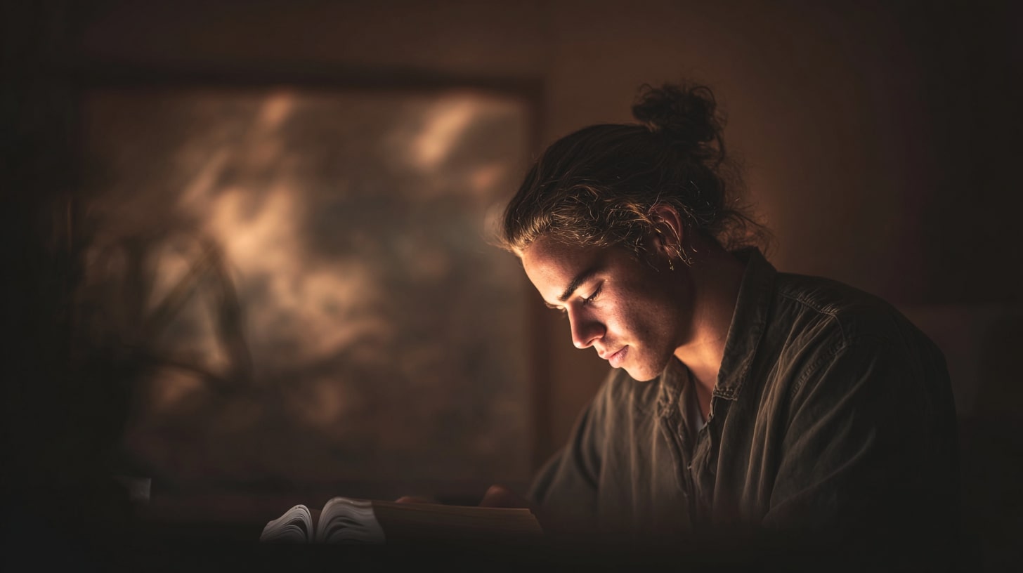 Personne lisant calmement pour mieux comprendre un concept scientifique.