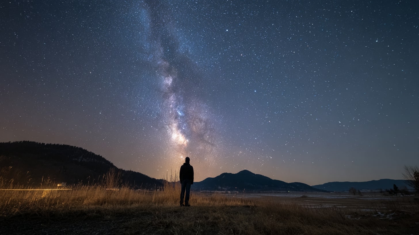 Personne contemplant le ciel étoilé pour mieux comprendre l’univers et les sciences de l’espace.